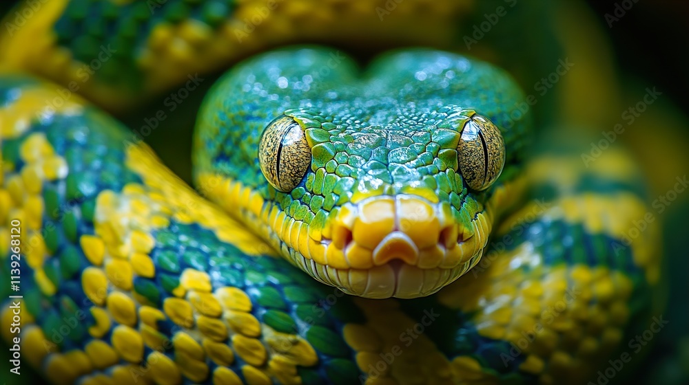 Closeup of a Vibrant Green and Yellow Snake Closeup of a Vibrant Green and Yellow Snake