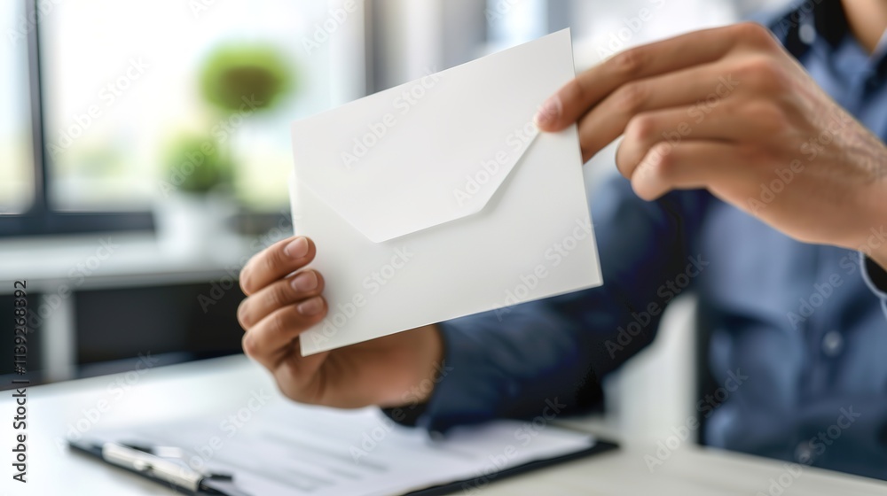 Distressed man sitting at desk holding letter symbolizing layoff notice, reflecting emotional response to job loss in professional office setting. Distressed man sitting at desk holding letter symbolizing layoff notice, reflecting emotional response to job loss in professional office setting.