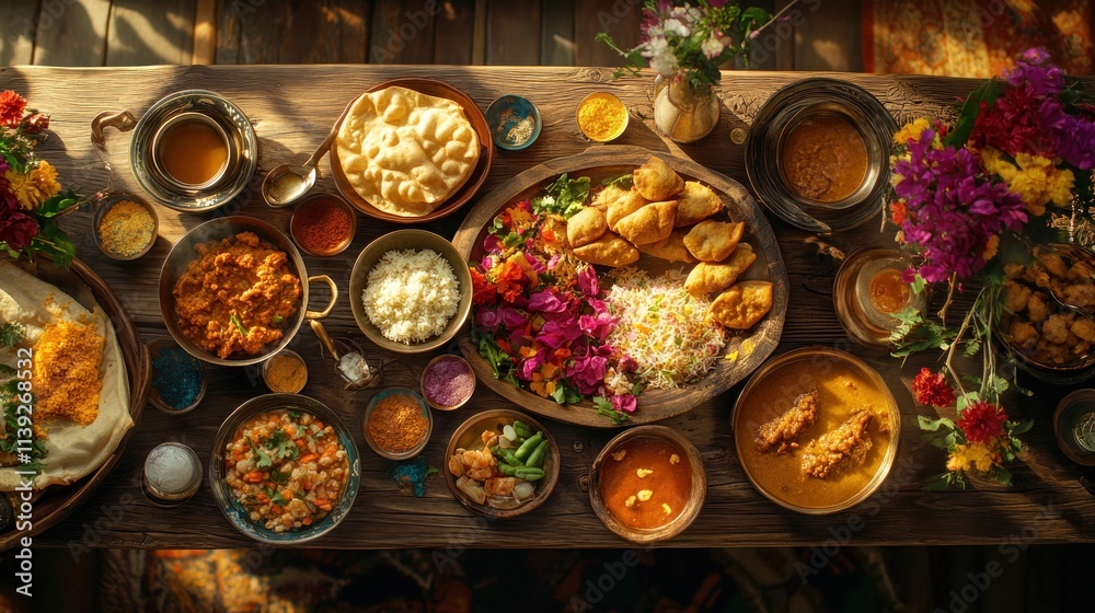 Indian food spread on a wooden table with vibrant flowers. Indian food spread on a wooden table with vibrant flowers.