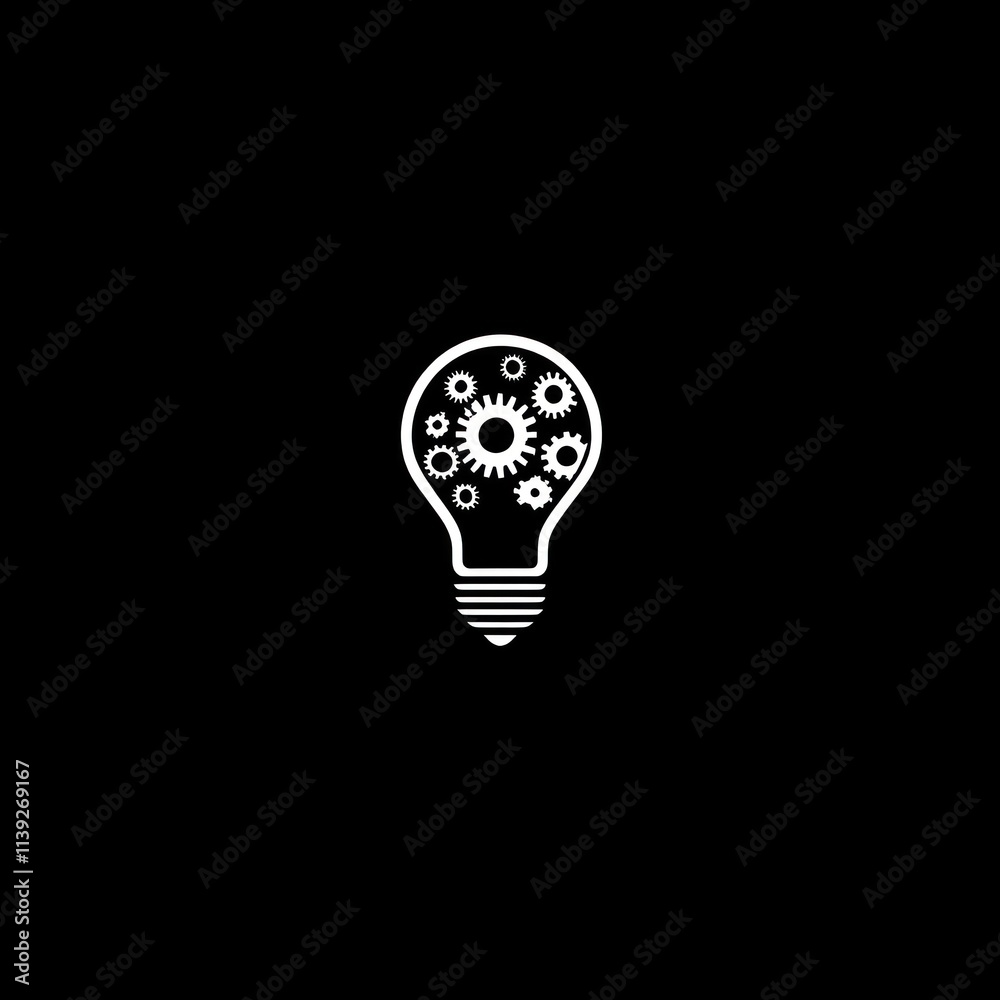 White lightbulb with gears inside on black background. White lightbulb with gears inside on black background.