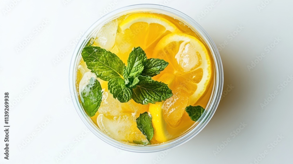 Lemonade with mint leaves and ice, top view, plastic cup. Lemonade with mint leaves and ice, top view, plastic cup.