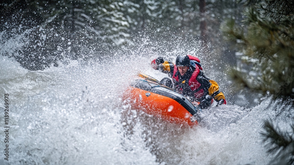Man in kayak with splashing water, rough rapids. Man in kayak with splashing water, rough rapids.