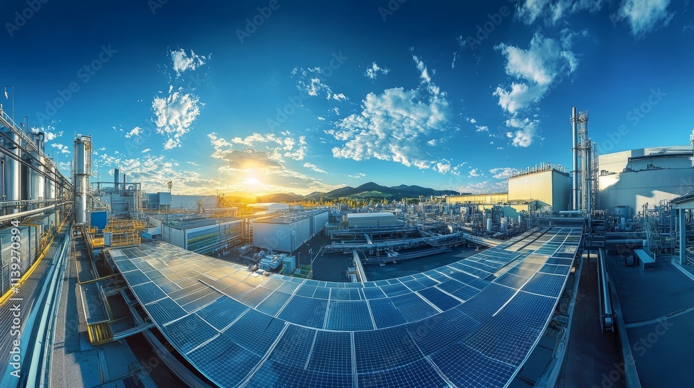 Fototapeta premium Panoramic High-Tech Industrial Facility with Stunning Views at Sunset