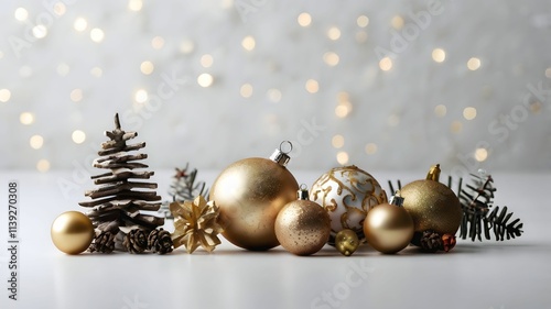 Christmas gold ornaments composiition on white background with copy space for holiday festive december celebration content - with feeling of happiness and joy
