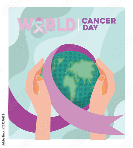 World Cancer Day banner with hand holding cancer awareness ribbon.