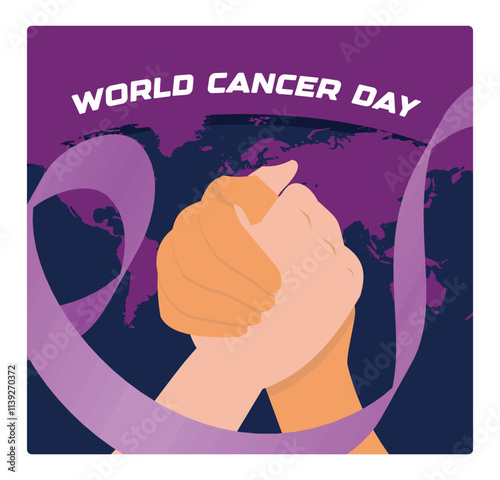 World Cancer Day poster with holding hands and purple ribbon.