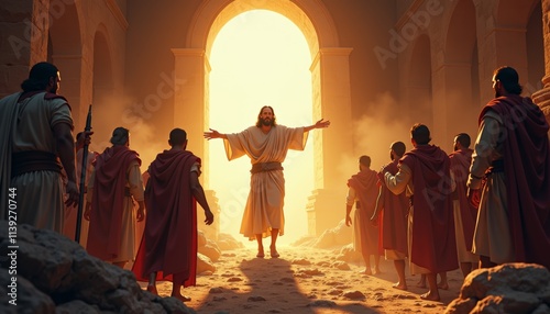 Divine Figure in Radiant Light Surrounded by Followers in Ancient Setting