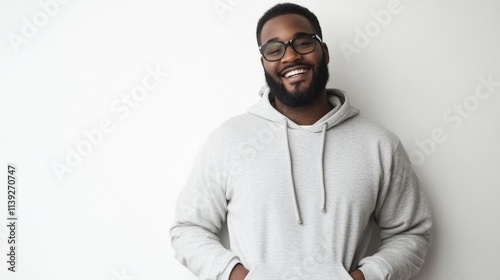 Stylish Smiling Man with Neatly Groomed Beard Against White Wall