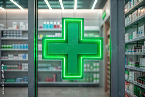  Green Pharmacy Cross Sign with Shelves of Medicines in Background