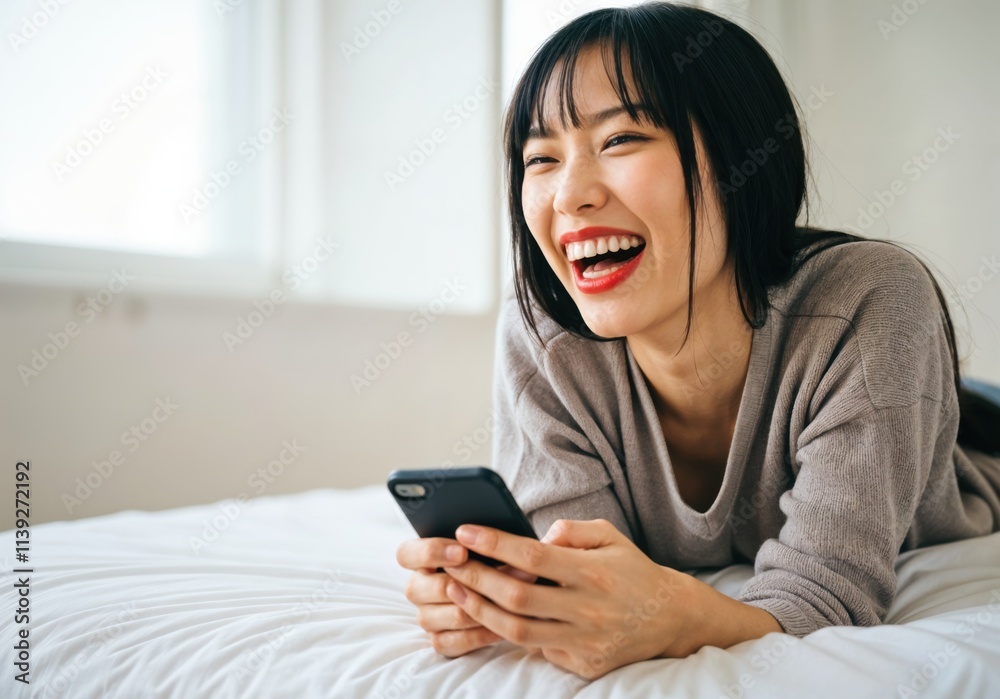Happy Young Woman Laughing with Smartphone in Cozy Bedroom Happy Young Woman Laughing with Smartphone in Cozy Bedroom