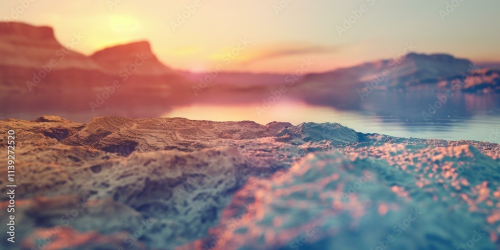 Naklejka premium Sunset over Rocky Mountains and Serene Lake: A Peaceful Landscape