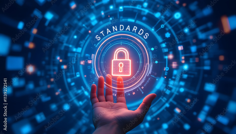 A glowing digital padlock icon with the word A glowing digital padlock icon with the word