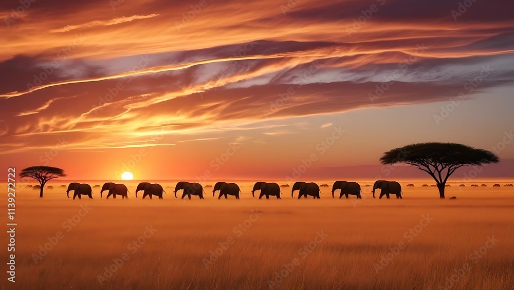 Golden Savanna Sunset Background with Herd of Elephants, Acacia Tree Silhouette, and Vibrant Orange and Purple Sky
Golden Savanna Sunset Background with Herd of Elephants, Acacia Tree Silhouette, and Vibrant Orange and Purple Sky