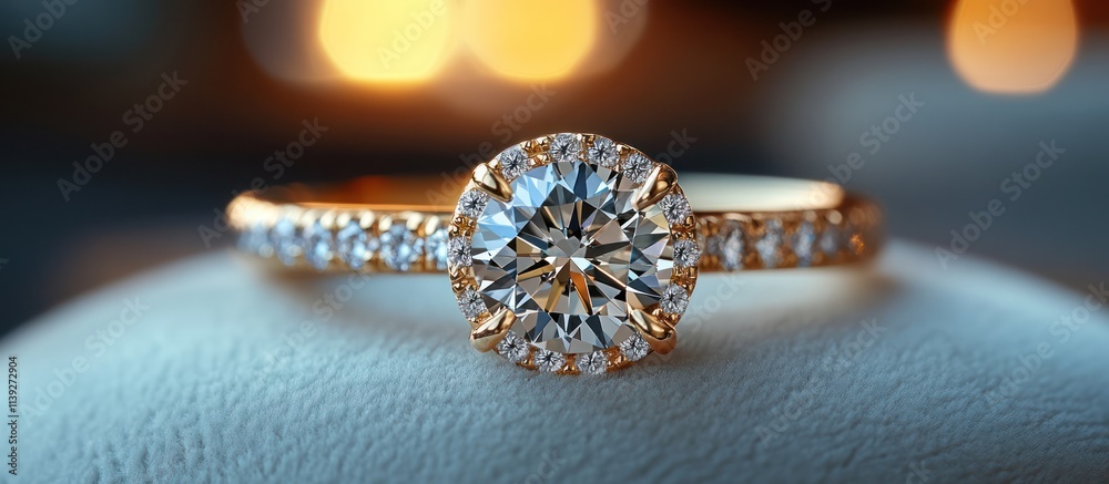 Sparkling diamond ring on soft grey surface.