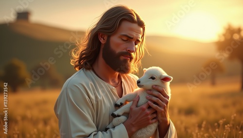 Compassionate Shepherd Holding Lamb in Serene Golden Pasture at Sunset