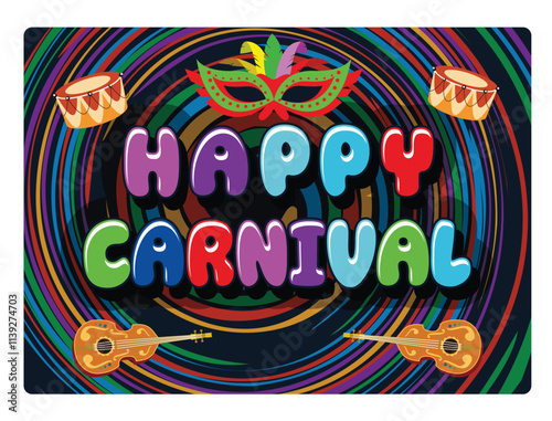 Colorful traditional Brazilian carnival celebration with masks and musical instruments.