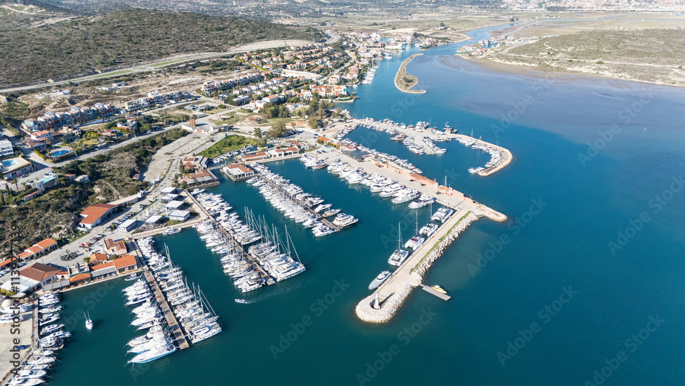Fototapeta premium Aerial view of marina yacht club in turkey alacati port.