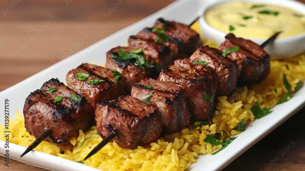 Grilled Beef Skewers with Saffron Rice & Sauce. Grilled Beef Skewers with Saffron Rice & Sauce.