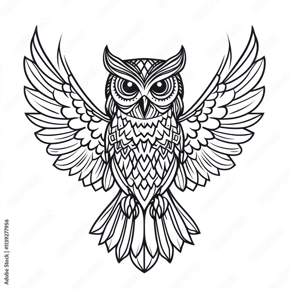 Fototapeta premium Ornate owl with wings spread, line art.