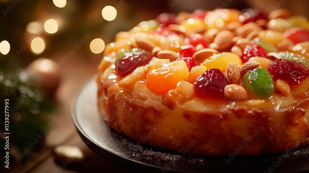 A close-up of a Roscon de Reyes cake with candied fruits and almonds A close-up of a Roscon de Reyes cake with candied fruits and almonds