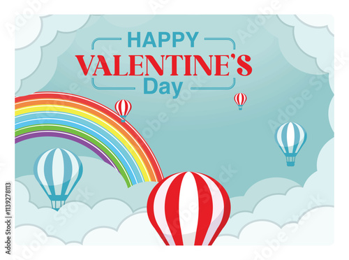 Valentine's Day greeting card with rainbow and hot air balloons.