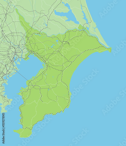 日本の千葉県と隣接する都道府県を含む、シンプルな緑色のロードマップ