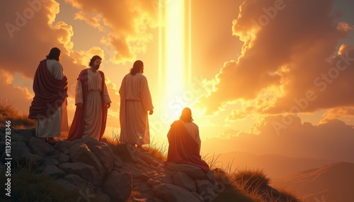 Divine Encounter at Sunrise with Figures Amidst Glowing Rays and Serene Landscape