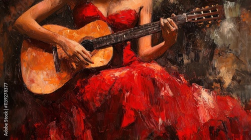 Passionate Flamenco Guitarist in Red Dress: A Vivid Oil Painting
