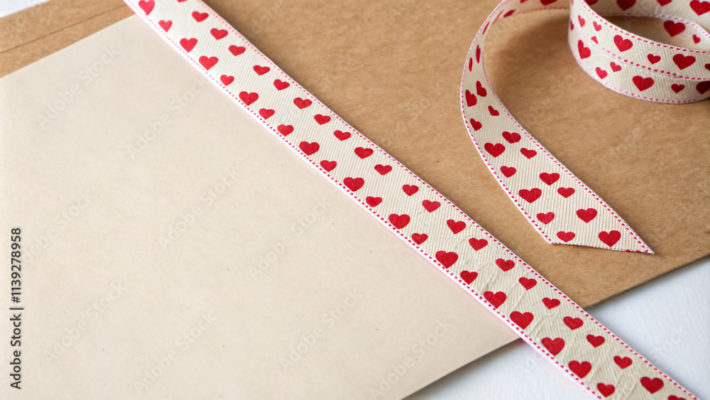 Obraz premium Crafting materials with heart patterned ribbon and brown paper evoke love and creativity. Perfect for Valentine Day projects