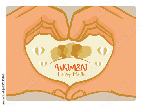 Women's History Month banner with silhouette and heart sign by hand.