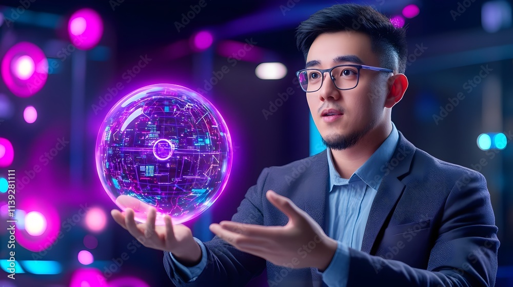 futuristic businessman holding hologram globe - metaverse futuristic businessman holding hologram globe - metaverse
