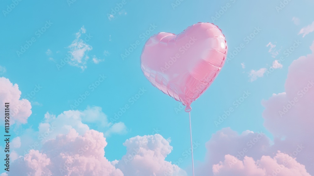 Fototapeta premium Pink Heart Balloon Floating Against a Blue Sky with Fluffy Clouds
