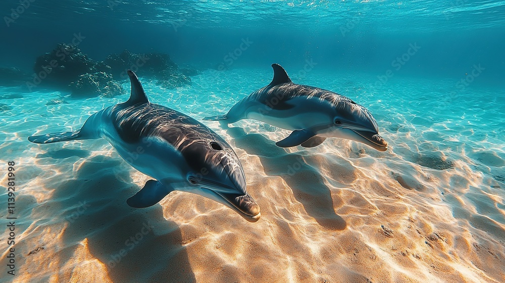 Obraz premium Stunning Underwater View of Spinner Dolphins in Hawaii's Pristine Blue Waters