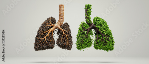 Healthy lungs and damaged lungs comparison, showcasing impact of pollution photo