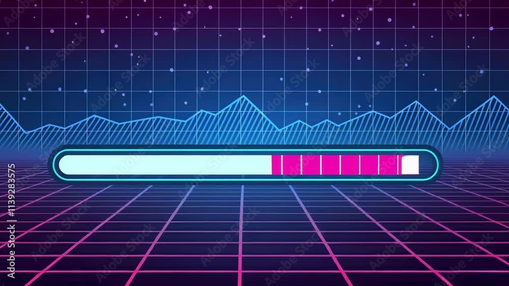 Dynamic Pulse A loading bar pulsating between rich magenta and sharp blue in a pixelated style contrasted against a fading grid pattern that adds depth to the digital landscape.
