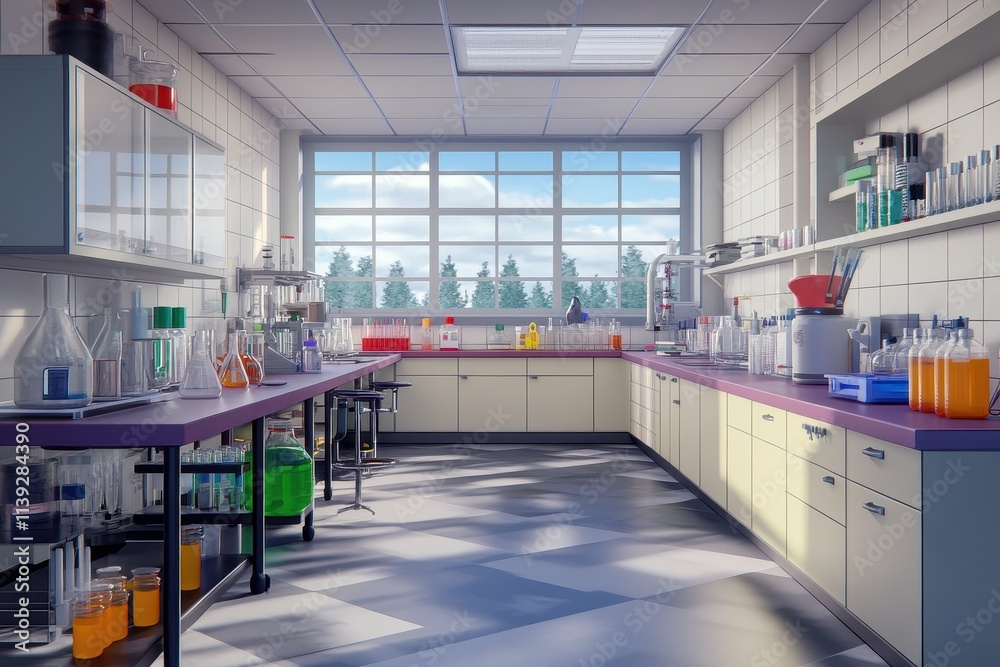Bright and Modern Laboratory Interior with Equipment, Glassware, and Natural Light, Ideal for Science, Research, and Educational Purposes in a Clean Environment Bright and Modern Laboratory Interior with Equipment, Glassware, and Natural Light, Ideal for Science, Research, and Educational Purposes in a Clean Environment