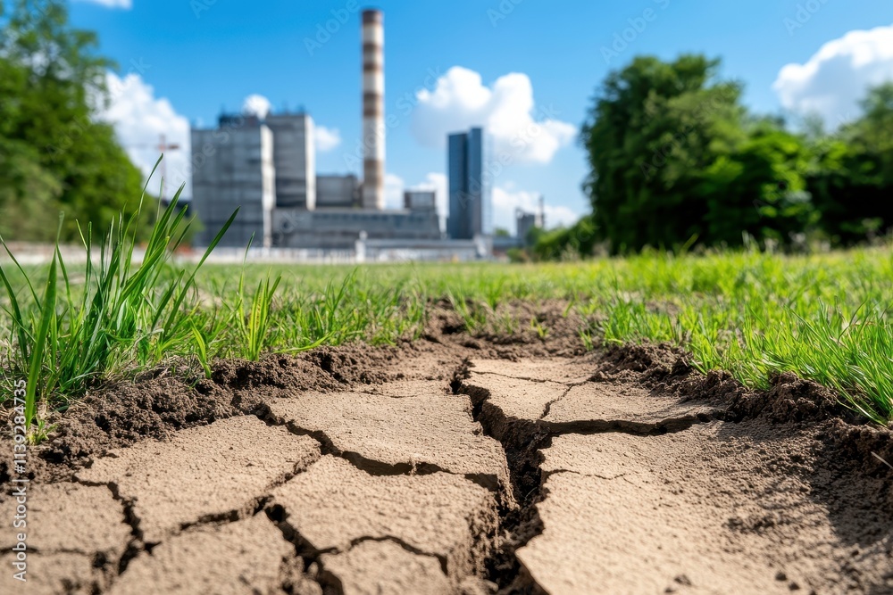 Broken Soil Reflecting Drought and Industrial Impact on Nature with Factory Background Under Clear Blue Sky and Green Grass in Summer Daylight Broken Soil Reflecting Drought and Industrial Impact on Nature with Factory Background Under Clear Blue Sky and Green Grass in Summer Daylight