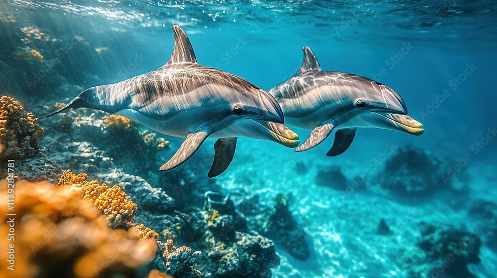 Obraz premium Enchanting Panoramic View of Spinner Dolphins in Hawaii's Vibrant Underwater Landscape