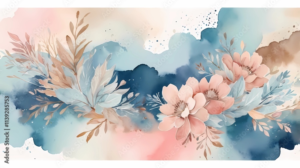 custom made wallpaper toronto digitalWatercolor art background vector. Wallpaper design with winter flower paint brush line art. Earth tone blue, pink, ivory, beige watercolor Illustration for prints, wall art, cover and invitation.