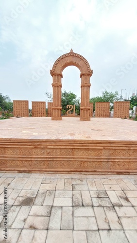 Photography This photos showcase the iconic sandstone arch at Aksharbhoomi, a cultural and artistic landmark located in Bhubaneswar, Odisha, India