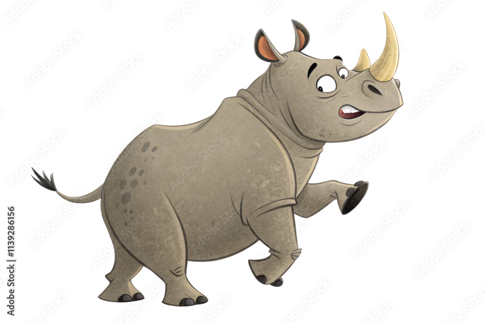 Fototapeta premium A playful rhino lifts one leg while showing an animated, surprised expression. The detailed skin and mischievous pose add personality to this character, isolated on a transparent background