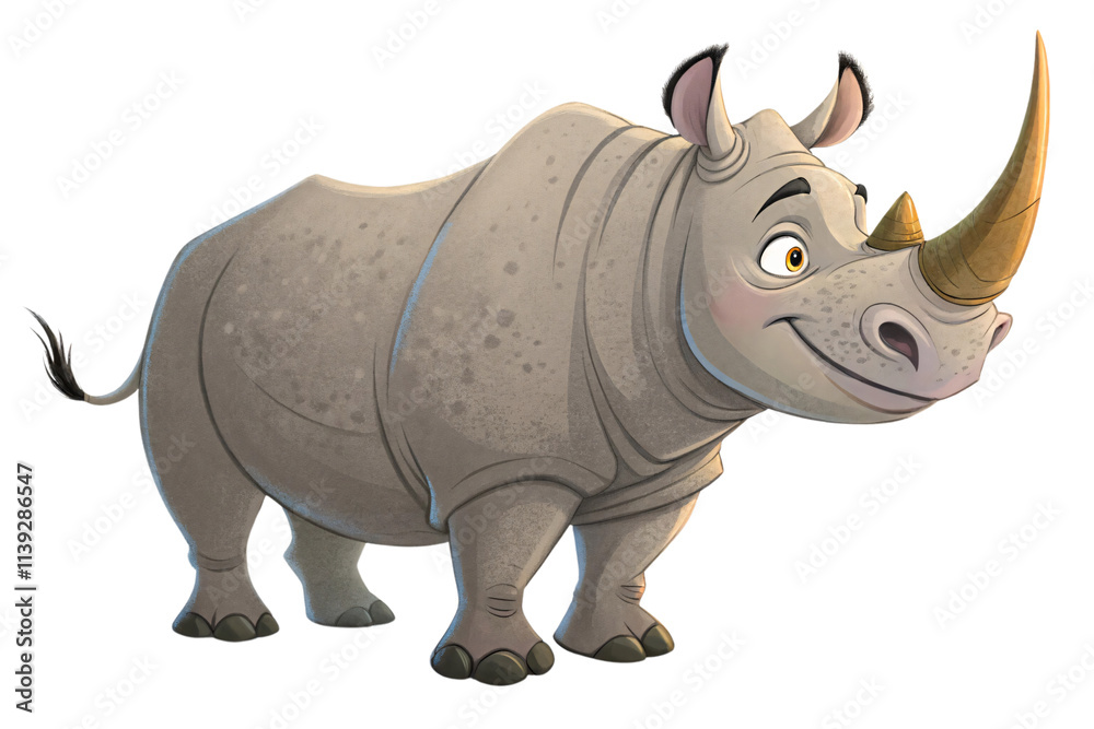 A rhino with a golden horn smiles confidently. Its textured gray skin and expressive eyes convey strength and friendliness in equal measure, isolated on a transparent background A rhino with a golden horn smiles confidently. Its textured gray skin and expressive eyes convey strength and friendliness in equal measure, isolated on a transparent background