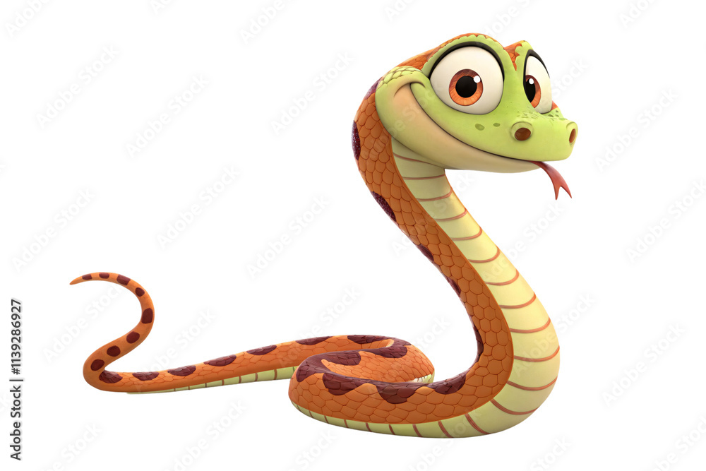 Fototapeta premium A vibrant orange snake with intricate scales and bright green face coils gracefully. Its large eyes, flicking tongue, and smooth curves give it a friendly charm, isolated on a transparent background
