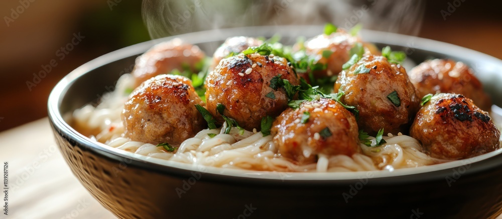 Steaming bowl of meatballs and noodles. Steaming bowl of meatballs and noodles.