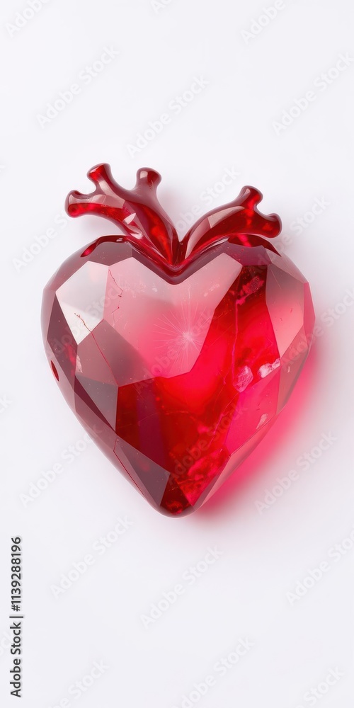 Close-up of a vibrant red crystal heart, isolated on pure white , photography, jewelry Close-up of a vibrant red crystal heart, isolated on pure white , photography, jewelry