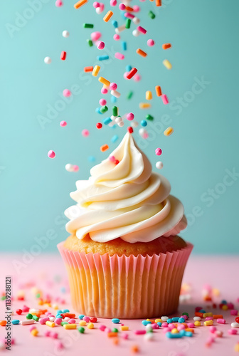 A pink cupcake with candles and frosting decorated with sprinkles for a birthday celebration photo