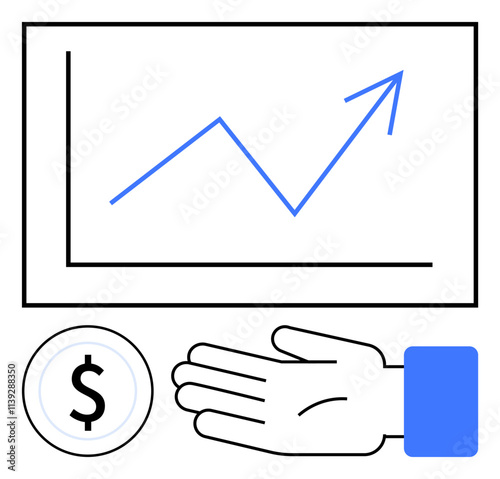 Line graph arrow shows upward trend, hand offers support, dollar sign for finance. Ideal for business growth, investment, financial support, success, strategy economy market trends. Line metaphor