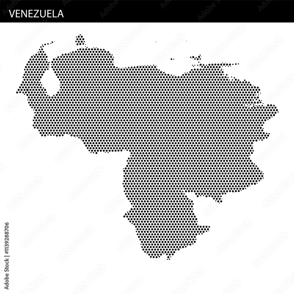 Map outline of Venezuela showing unique hexagonal dotted design and geographical features