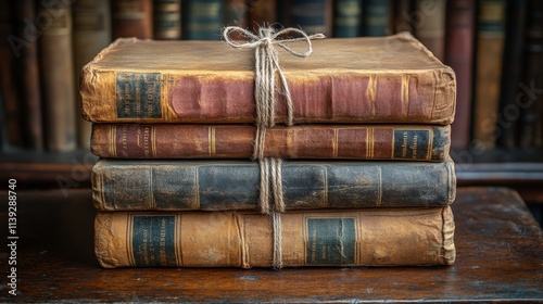 A stack of vintage books tied with twine, suggesting a nostalgic literary theme. photo