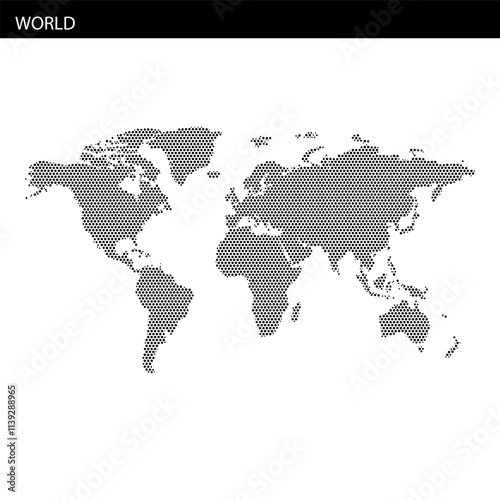 World map illustration with hexagonal dotted pattern representing global geography and regions